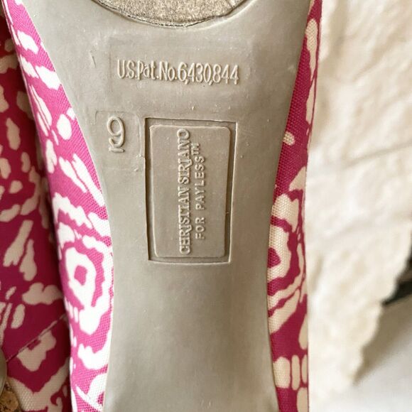 CHRISTIAN SIRIANO Heels Size 9 Pink‎ & Cream Abstract Canvas Peep Toe Pump Shoes - Picture 8 of 8